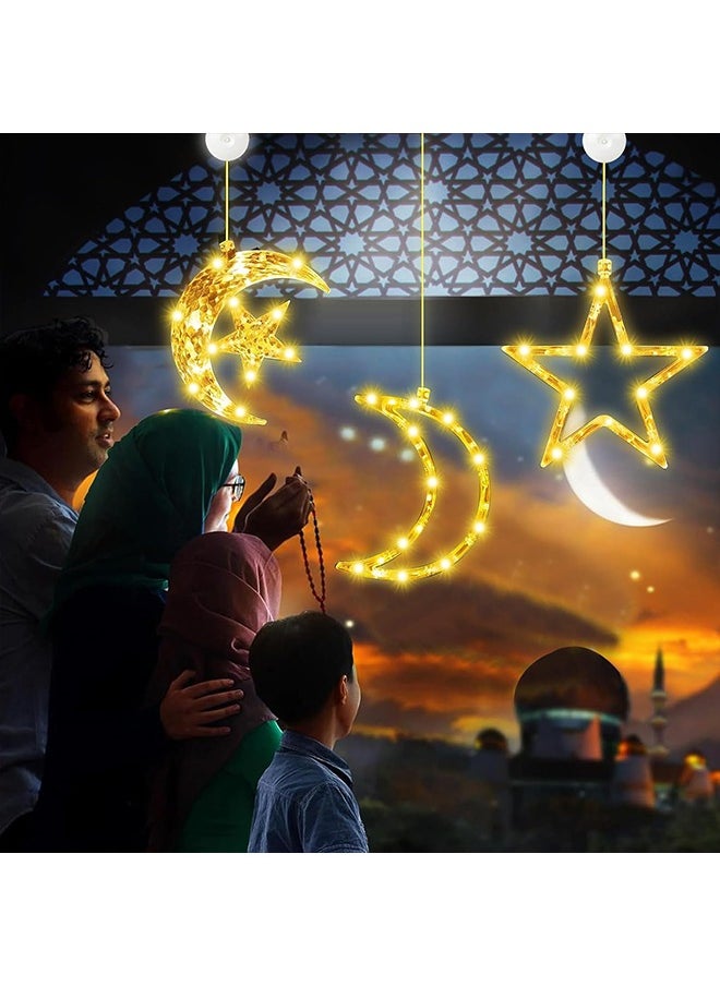 3Pcs Ramadan Decorations Lights with Sucker, Curtain Indoor Hanging Ramadan Star and Moon Lights