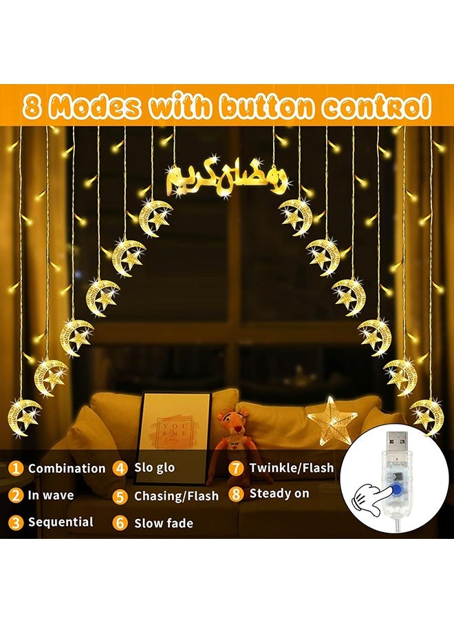 Ramadan 8 Modes Fairy Lights, Moon Star Ramadan Decorations Lights, Hanging Decorations for Home, Bedroom, Wall, Balcony and Windows