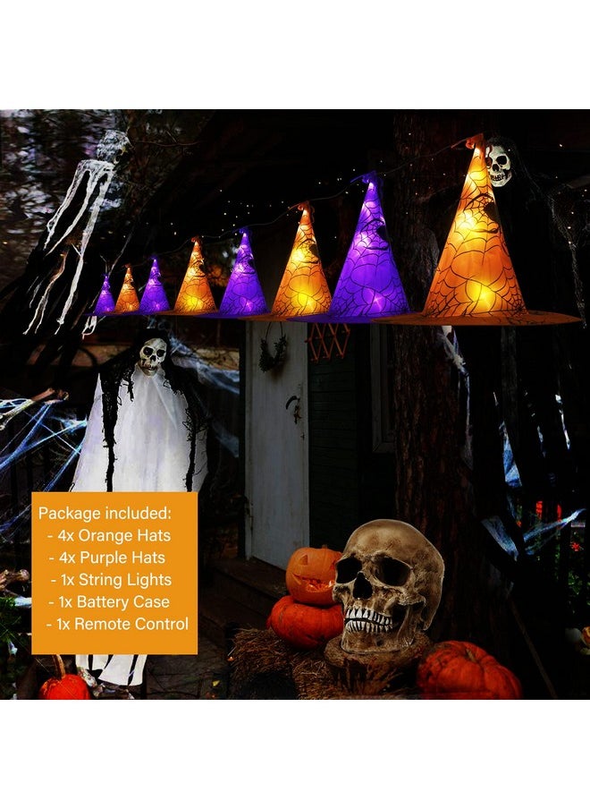 Halloween Lights Witch Hat, 56 LED Battery Operated Purple and Orange Lights with 8 Pack Hanging Lighted Hats and Remote and Timer for Indoor Outdoor Party Haunted Mansion Halloween Decoration