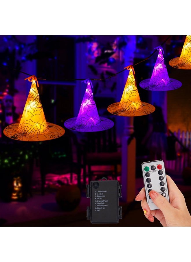 Halloween Lights Witch Hat, 56 LED Battery Operated Purple and Orange Lights with 8 Pack Hanging Lighted Hats and Remote and Timer for Indoor Outdoor Party Haunted Mansion Halloween Decoration