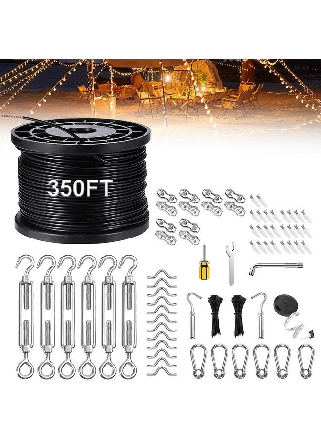 UGarden Upgraded Outdoor String Light Hanging Kit, 350ft Globe String Light Suspension Kit w/Expansion Hook, Stainless Steel 304 String Light Guide Wire, Black Guy Wire kit for Wedding Dinner Barbecue