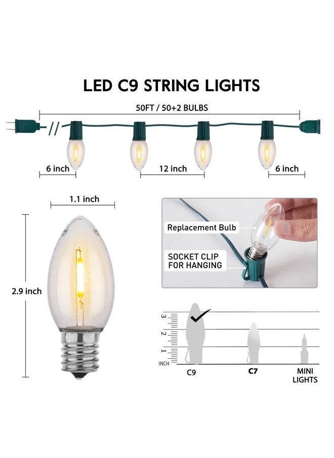 Vintage C9 LED Christmas Lights Outdoor Warm White, 50 Feet C9 String Lights for Christmas Tree Roofline Holiday Party Indoor Outdoor Garden Patio Backyard Cafe Xmas Decoration, Green Wire