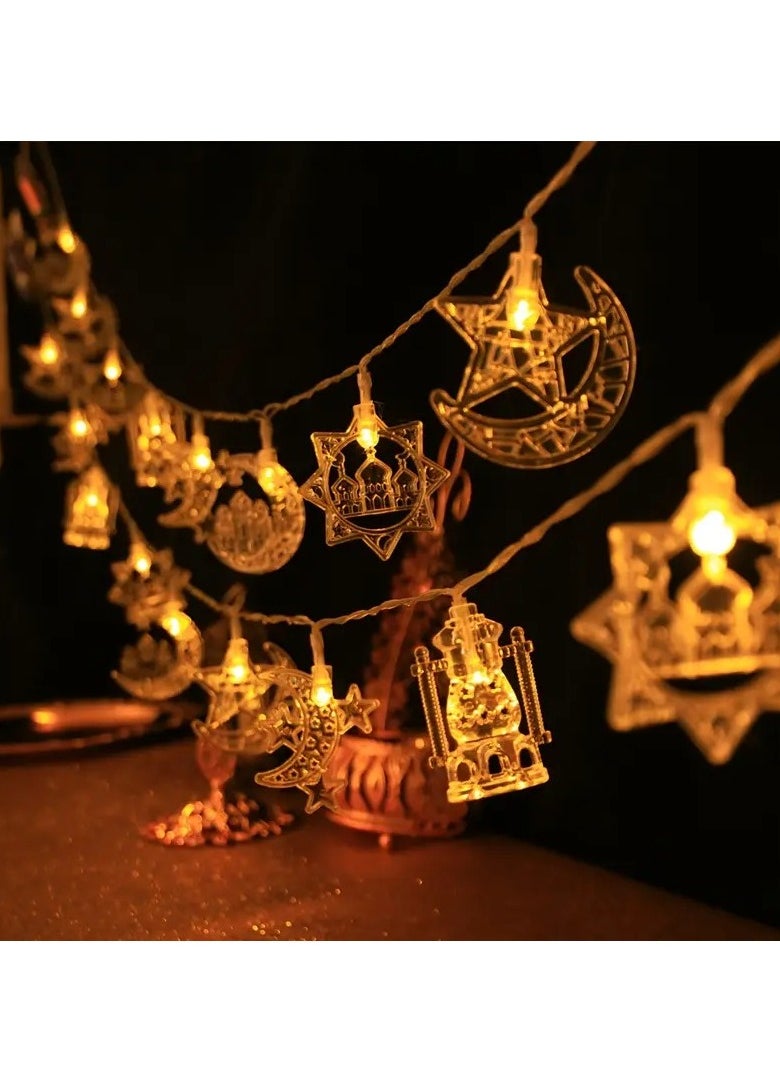 1pc Elegant Ramadan String Lights - 200m, 10 LEDs, Moon & Star Crescent Design, Warm Golden Glow, Battery-Operated, Perfect for Home & Living Room Decor, Eid Mubarak Celebrations (Batteries Not Included), Ramadan Decorations for Home