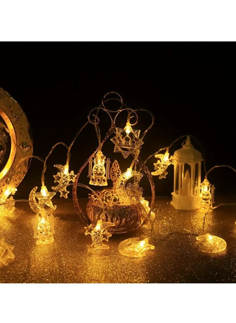 1pc Elegant Ramadan String Lights - 200m, 10 LEDs, Moon & Star Crescent Design, Warm Golden Glow, Battery-Operated, Perfect for Home & Living Room Decor, Eid Mubarak Celebrations (Batteries Not Included), Ramadan Decorations for Home