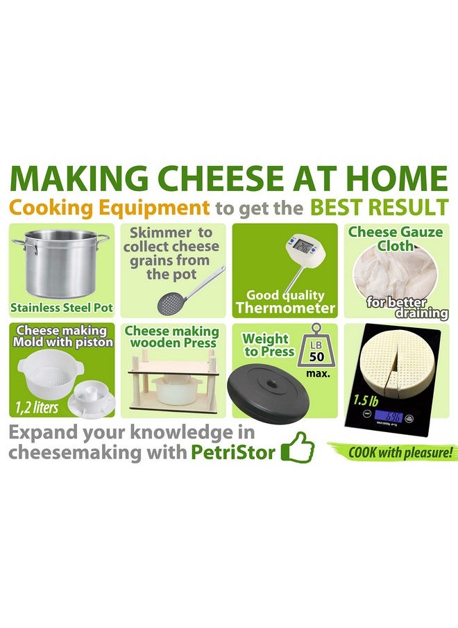 PetriStor Cheese Mold for Cheese Making Cheese with Follower Piston 1.3QT and Cheesecloth - Cheese Form Mold - Cheese Making Basket - Paneer Cheese Press Mold - Molde Para Queso