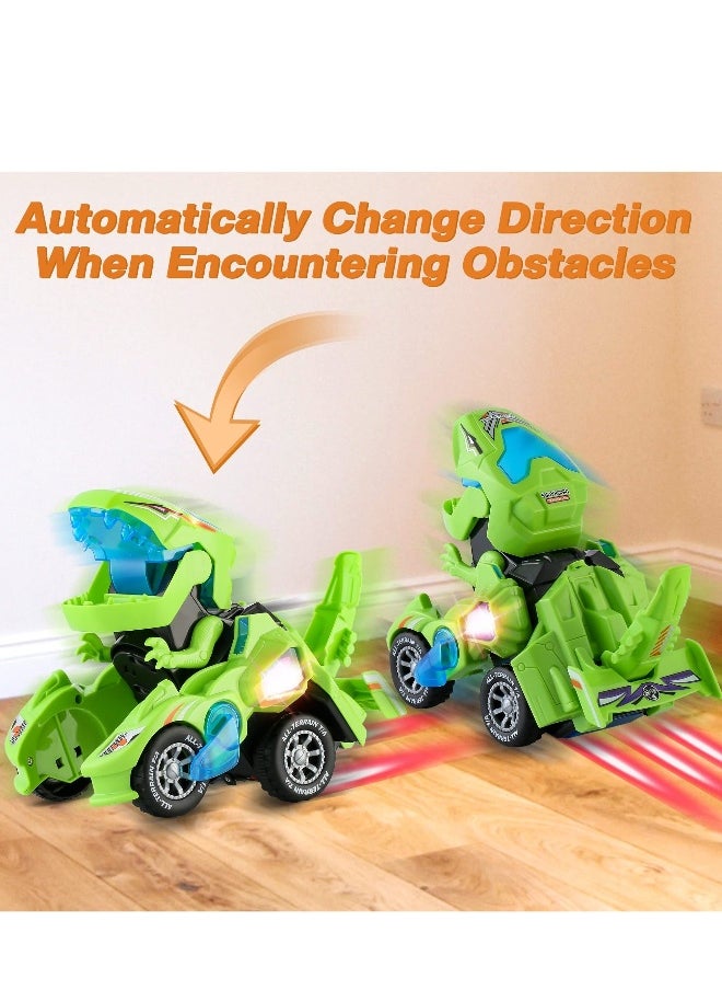 Dinosaur Car Toys, with LED Lights and Music,Automatic Transforming 2-in-1 Dinosaur Transformer Toy for Kids (Green)