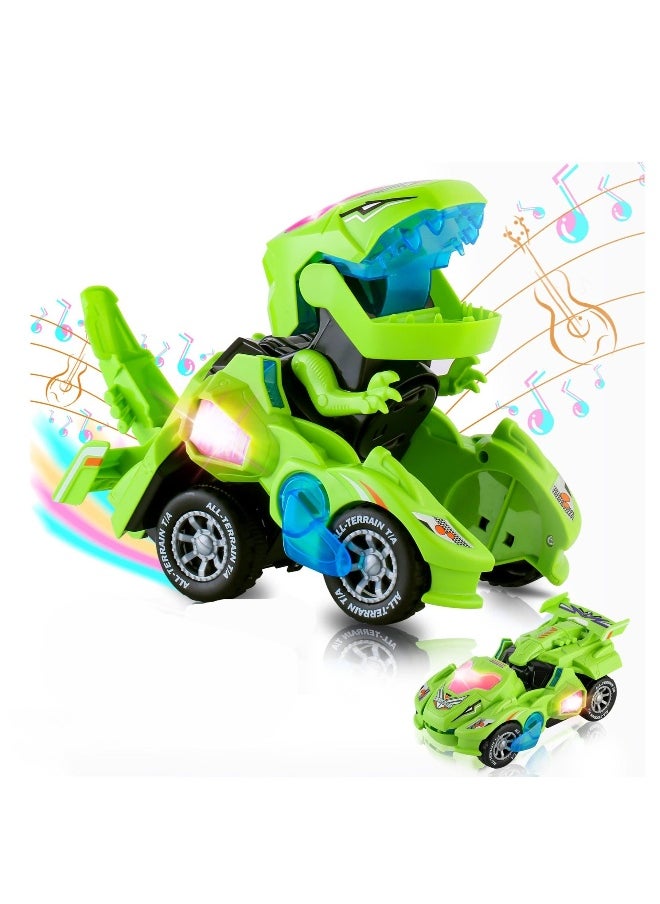 Dinosaur Car Toys, with LED Lights and Music,Automatic Transforming 2-in-1 Dinosaur Transformer Toy for Kids (Green)