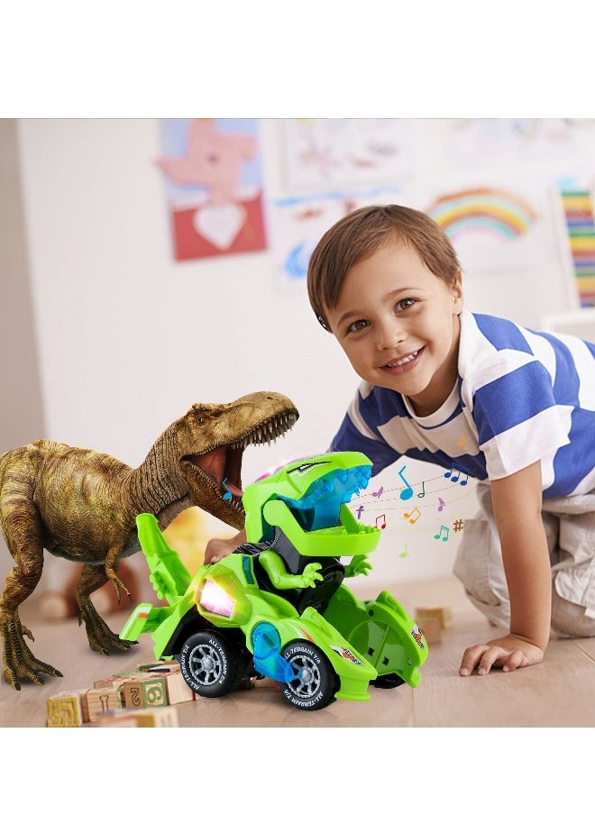 Dinosaur Car Toys, with LED Lights and Music,Automatic Transforming 2-in-1 Dinosaur Transformer Toy for Kids (Green)