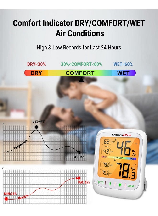 ThermoPro TP359 Bluetooth Hygrometer Thermometer, 260FT Wireless Remote Temperature and Humidity Monitor, with Large Backlit LCD, Indoor Room Thermometer and Humidity Gauge, Max Min Records