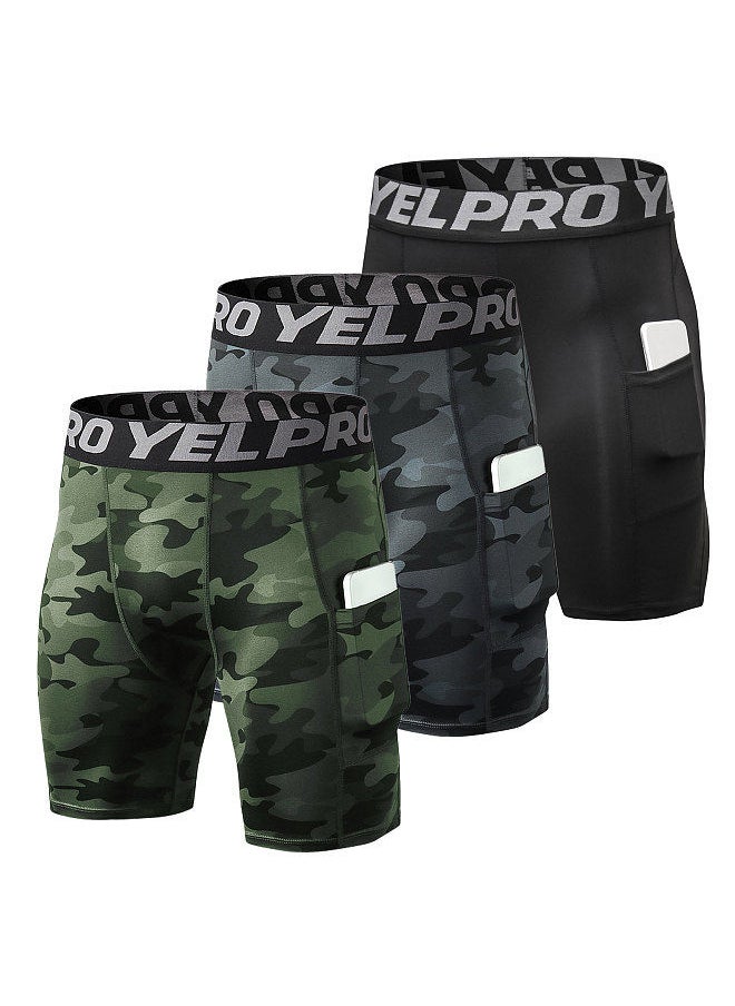 3 Pack Men Sports Shorts Active Workout Underwear with Pocket Black+Black Camouflage+Green Camouflage Size L