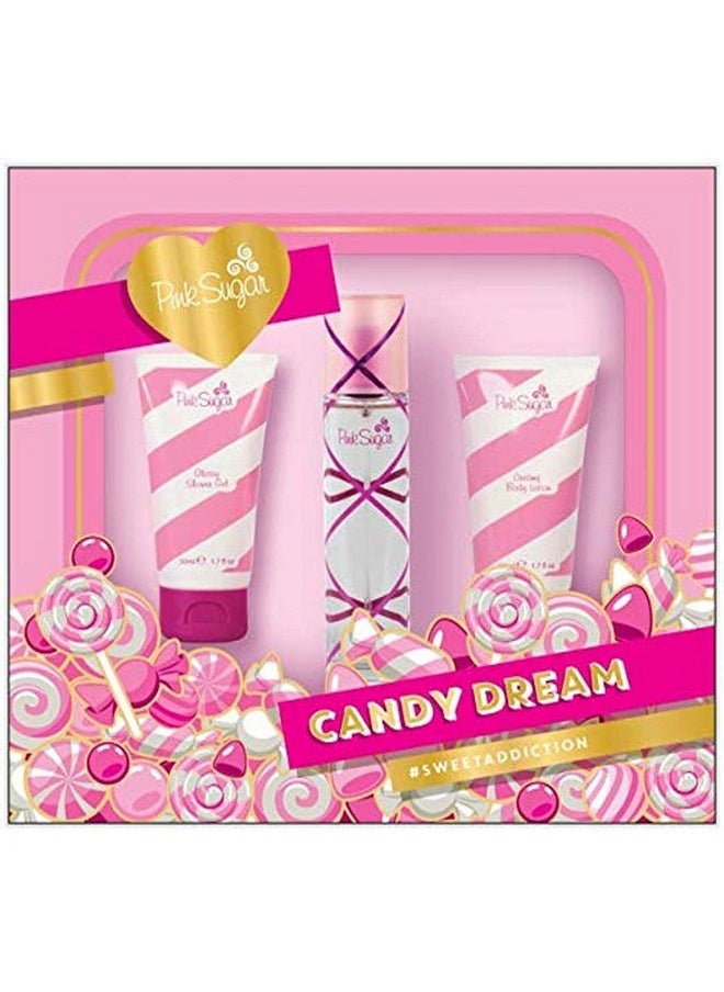 Pink Sugar Candy Dream 3 Pc Gift Set for Women, Travel Size, Eau de Toilette Perfume for Women, Body Lotion + Shower Gel