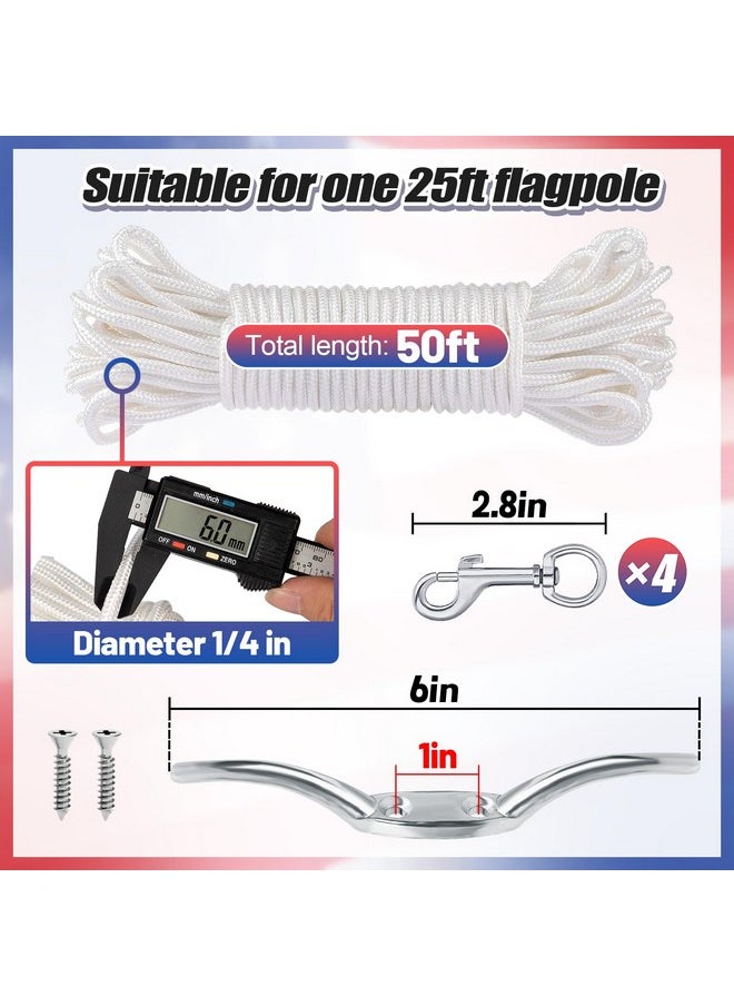 Flag Rope and Clips Kit - 50ft Flag Pole Rope Halyard with Cleat Hook & 4 Pcs Swivel Snap Clips for Flagpoles Up to 25ft, Outdoor Porch Flagpoles Repair Replacement Parts Accessories