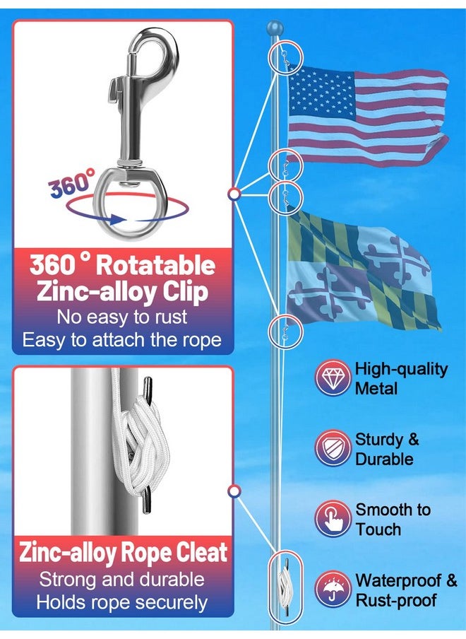 Flag Rope and Clips Kit - 50ft Flag Pole Rope Halyard with Cleat Hook & 4 Pcs Swivel Snap Clips for Flagpoles Up to 25ft, Outdoor Porch Flagpoles Repair Replacement Parts Accessories