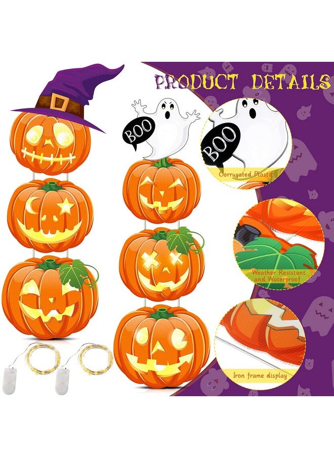 2 PCS 44 Inch Halloween Pumpkin Outdoor Decorations Indoor Yard Sign Plastic Stacked Pumpkin with Witches Hat Ghost Stake with LED String Lights for Home Lawn Pathway Walkway Halloween Theme Party