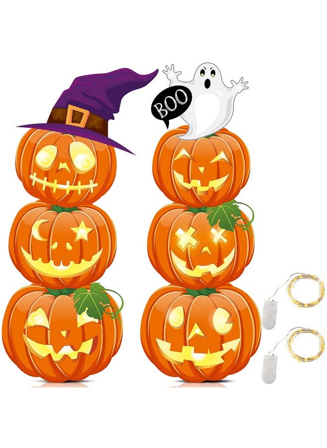 2 PCS 44 Inch Halloween Pumpkin Outdoor Decorations Indoor Yard Sign Plastic Stacked Pumpkin with Witches Hat Ghost Stake with LED String Lights for Home Lawn Pathway Walkway Halloween Theme Party