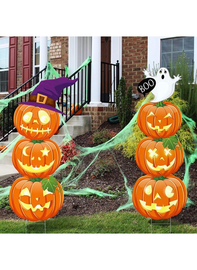 2 PCS 44 Inch Halloween Pumpkin Outdoor Decorations Indoor Yard Sign Plastic Stacked Pumpkin with Witches Hat Ghost Stake with LED String Lights for Home Lawn Pathway Walkway Halloween Theme Party