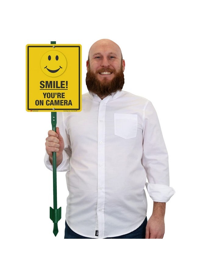 SmartSign 12 x 10 inch “Smile - You're On Camera” Yard Sign with 3 foot Stake, 40 mil Aluminum 3M Laminated Engineer Grade Reflective Material, Black and Yellow, Set of 1, Made in USA