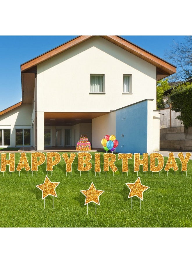 Jetec 18 Pieces Happy Birthday Yard Signs with Stakes, 16 Inches Birthday Outdoor Lawn Signs, Birthday Cake Balloon Patio Decorations, Garden Lawn Decorations for Birthday Party (Gold)