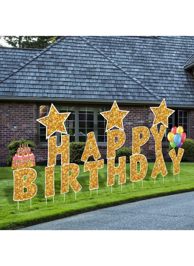 Jetec 18 Pieces Happy Birthday Yard Signs with Stakes, 16 Inches Birthday Outdoor Lawn Signs, Birthday Cake Balloon Patio Decorations, Garden Lawn Decorations for Birthday Party (Gold)