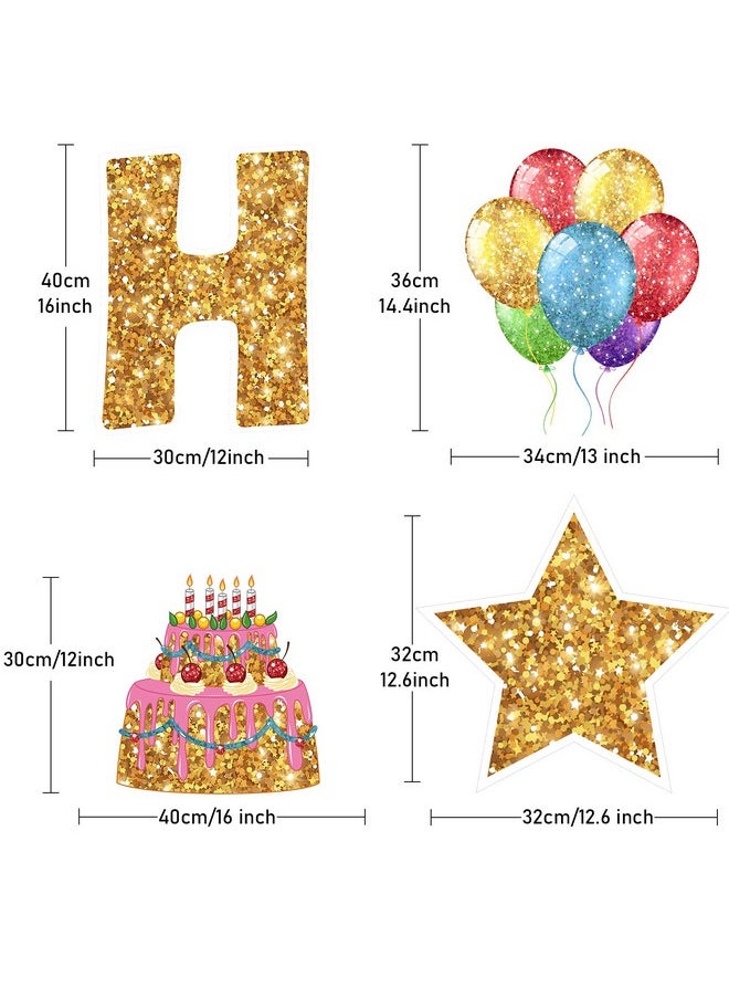 Jetec 18 Pieces Happy Birthday Yard Signs with Stakes, 16 Inches Birthday Outdoor Lawn Signs, Birthday Cake Balloon Patio Decorations, Garden Lawn Decorations for Birthday Party (Gold)