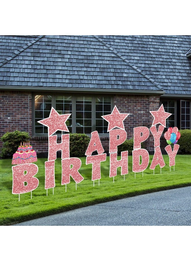 Jetec 18 Pieces Happy Birthday Yard Signs with Stakes, 16 Inches Birthday Outdoor Lawn Signs, Birthday Cake Balloon Patio Decorations, garden Lawn Decorations for Birthday Party(Rose Gold)