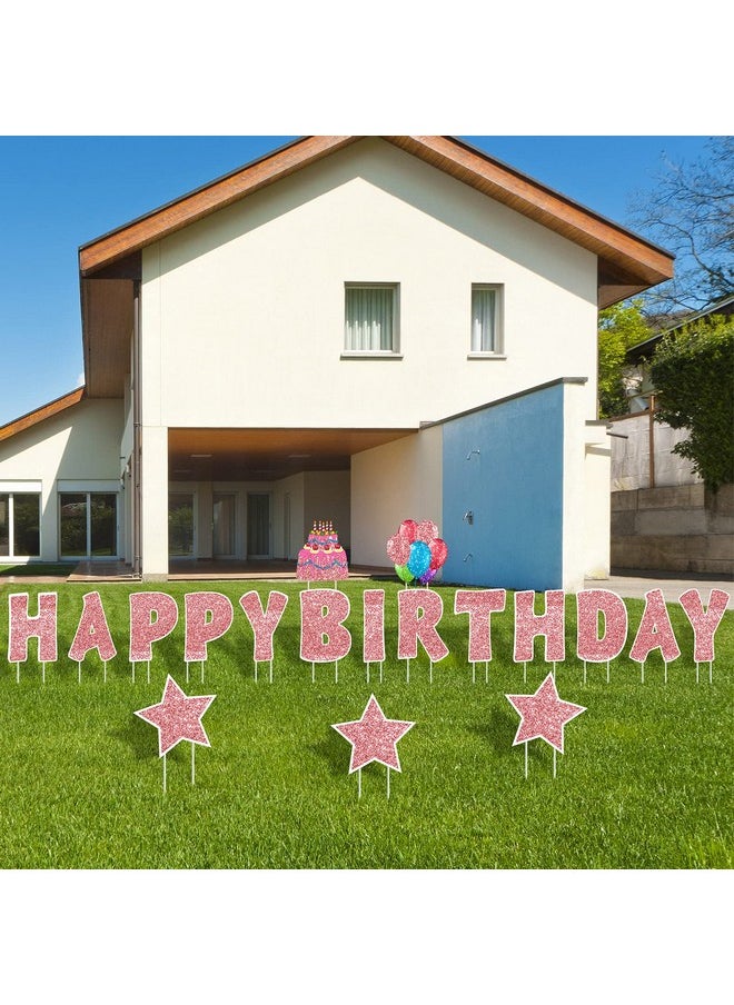 Jetec 18 Pieces Happy Birthday Yard Signs with Stakes, 16 Inches Birthday Outdoor Lawn Signs, Birthday Cake Balloon Patio Decorations, garden Lawn Decorations for Birthday Party(Rose Gold)