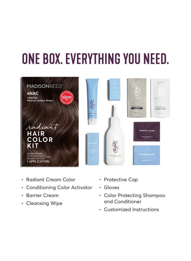 Madison Reed Radiant Hair Color Kit, Medium Chocolate Brown for 100% Gray Coverage, Ammonia-Free, 6NAC Verona Brown, Permanent Hair Dye, Pack of 1