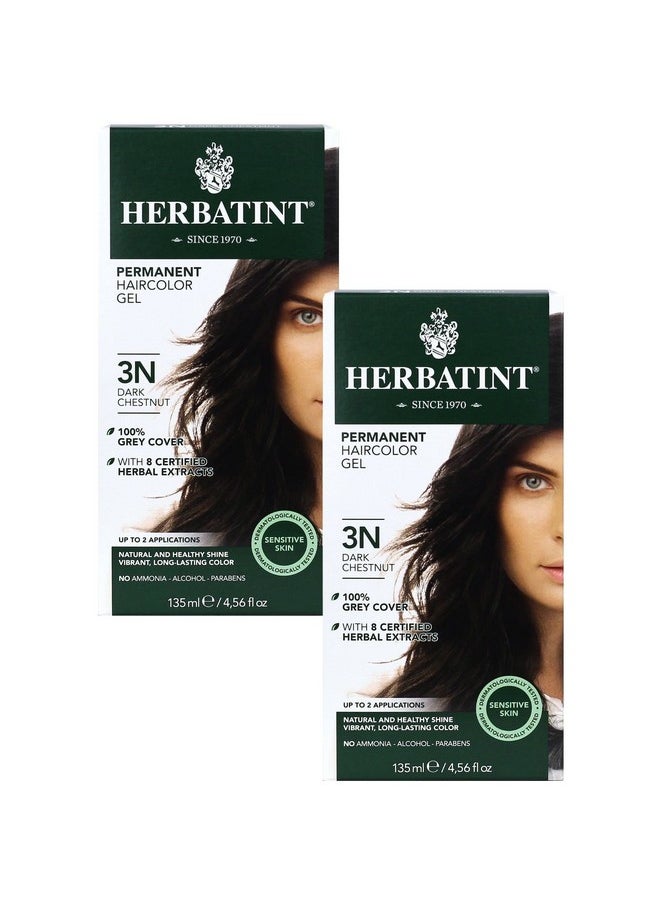 Herbatint Permanent Haircolor Gel, 3N Dark Chestnut, Alcohol Free, Vegan, 100% Grey Coverage - 4.56 oz (2 Pack)