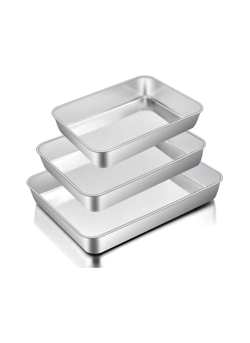 E-far Baking Pans Set of 3, Stainless Steel Sheet Cake Pan for Oven - 12.5/10.5/9.4Inch, Rectangle Bakeware Set for Cake Lasagna Brownie Casserole Cookie, Non-toxic & Healthy, Dishwasher Safe