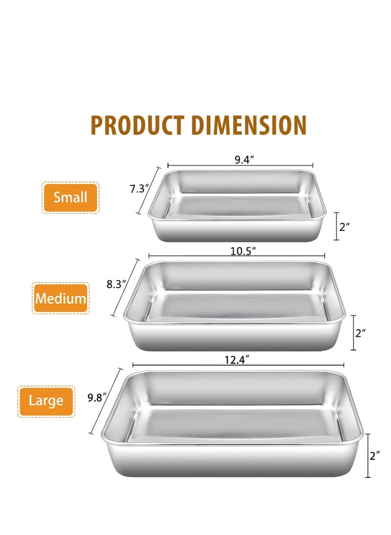 E-far Baking Pans Set of 3, Stainless Steel Sheet Cake Pan for Oven - 12.5/10.5/9.4Inch, Rectangle Bakeware Set for Cake Lasagna Brownie Casserole Cookie, Non-toxic & Healthy, Dishwasher Safe