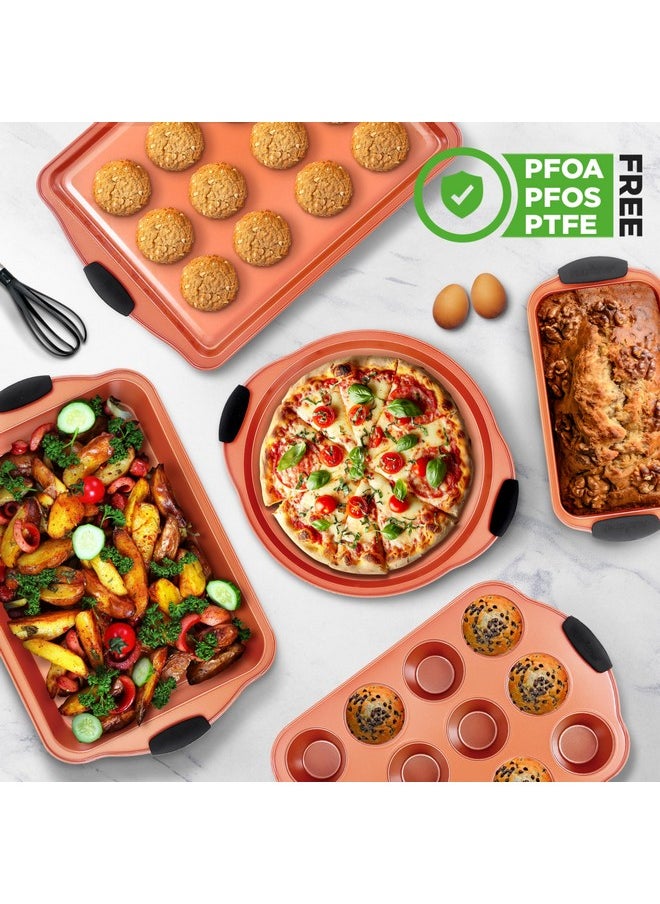 NutriChef 8 Piece Baking Pans Set - Nonstick Carbon Steel Bakeware Set w/ Silicone Heat-Safe Handles - Includes Loaf Pan, Muffin Pan, Cookie Sheets, Pizza Crisper, Roasting Pans - Copper