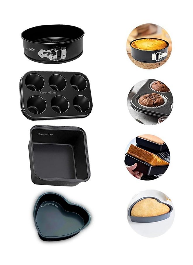 Curated Cart Sgs Certified 4-pc Cake Mould Combo for Baking - Heart Cake Tin, Square Cake Tin, Muffin Tray & Round Cake Tin - Suitable for Microwave OTG Oven and Dishwasher Safe