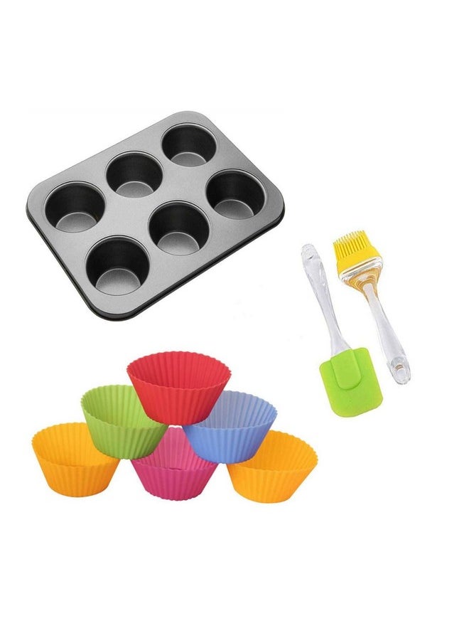 Perfect Pricee Non-Stick Microwave Oven Safe Plastic Baking Tray, 6 Nonstick Silicone Cupcake Muffin Molds with Oiling Pastry Brush, Kitchen Bakeware Tool Combo Set