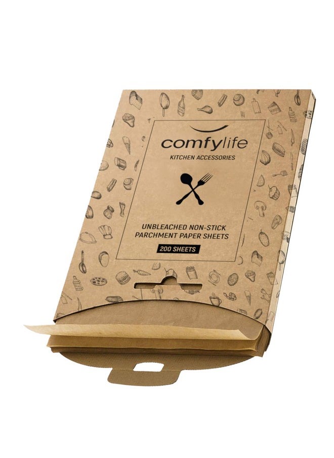 Comfylife 200 x Parchment Paper Sheets - No Curl, No Tear, No Burn Baking Paper (16 x 12 inch) - Precut Parchment Paper For Baking - No Chemical Unbleached Parchment Paper - Cookie Paper Baking Sheets