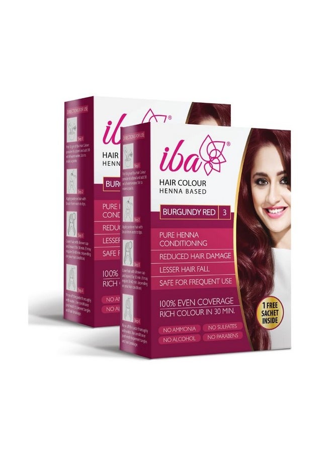 Iba Hair Colour for Women - Burgundy Red, 70g (Pack of 2) | 100% Pure Henna Based Powder Sachet | Natural Hair Colour & Long Lasting with Conditioning Formula | Reduced Hair Fall & Hair Damage | Shine & Nourish Hair | Free from Ammonia and Other Harmful chemicals | Herbal Hair powder for Hair Colour | Burgundy Red Henna