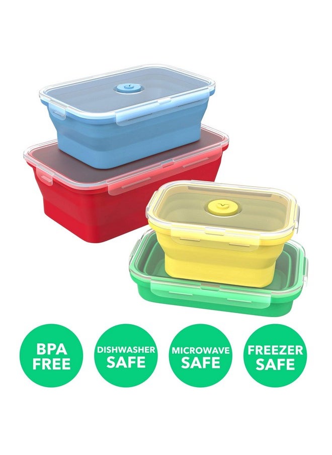 Vremi Silicone Food Storage Containers with BPA Free Airtight Plastic Lids - Set of 4 Small and Large Collapsible Meal Prep Container for Kitchen Lunch Boxes - Microwave and Freezer Safe