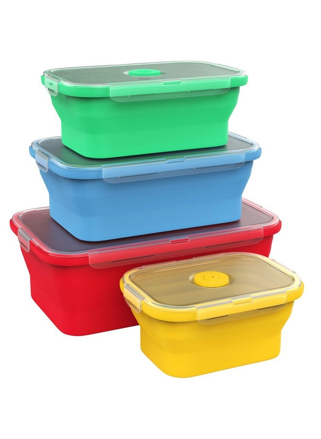 Vremi Silicone Food Storage Containers with BPA Free Airtight Plastic Lids - Set of 4 Small and Large Collapsible Meal Prep Container for Kitchen Lunch Boxes - Microwave and Freezer Safe