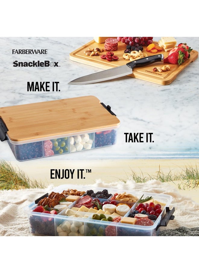 Farberware Build-a-Board SnackleBox with Locking Bamboo Cutting Board Lid, Portable Charcuterie Storage with Compartments,Make it. Take it. Enjoy it., 11x16-Inch, Natural