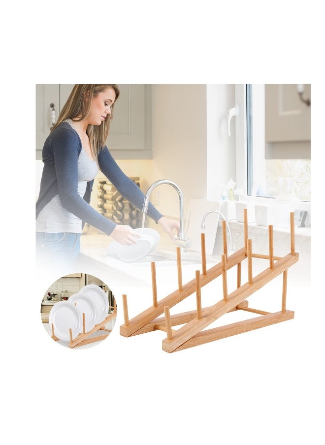 2 Pack Wooden Dish Rack, Wooden Plate Rack, Kitchen Counter Storage Holder, Dish Drying Rack, Suitable for Plate, Cup, Pot Lid, Bowl, Cutting Board