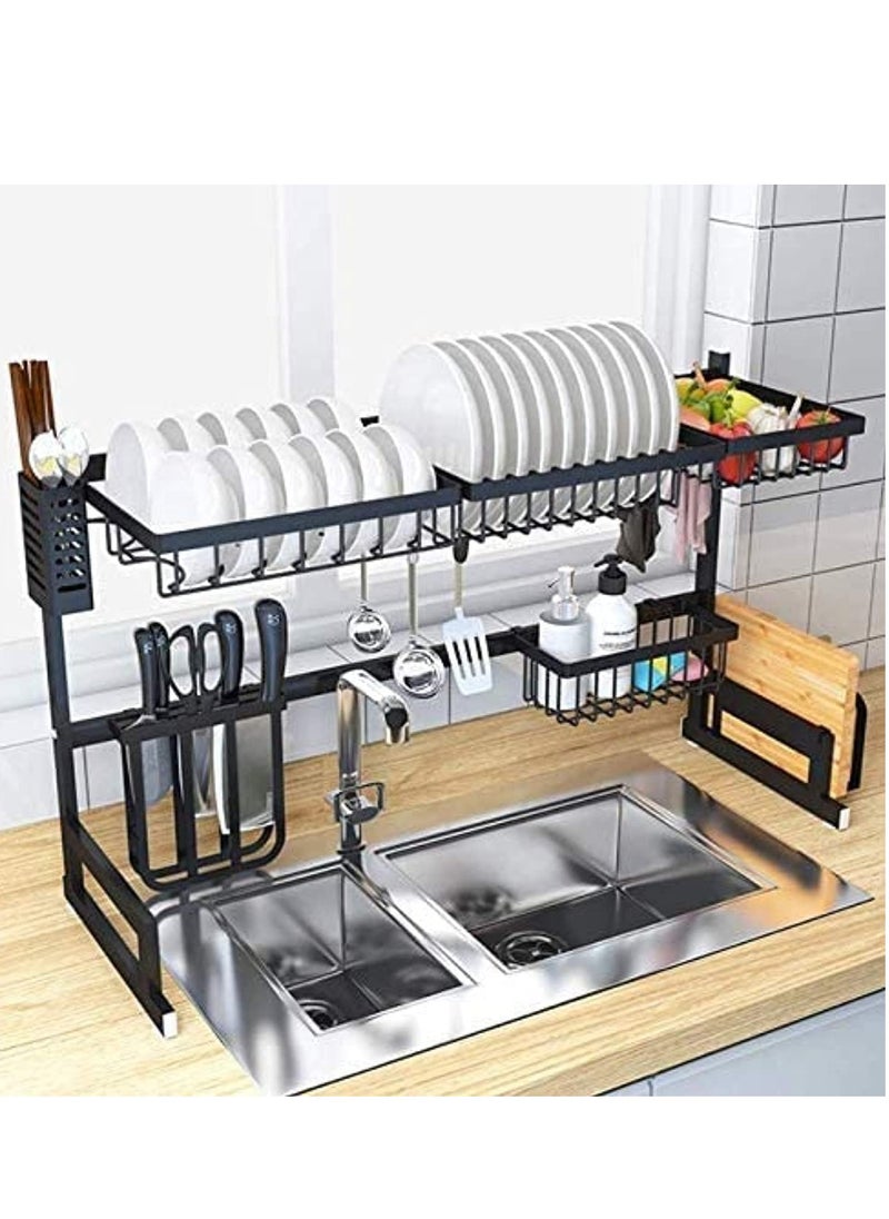 Over Sink Dish Drying Rack Kitchen Counter Storage Shelf Drainer Organizer Utensils Holder Stainless Steel, Black