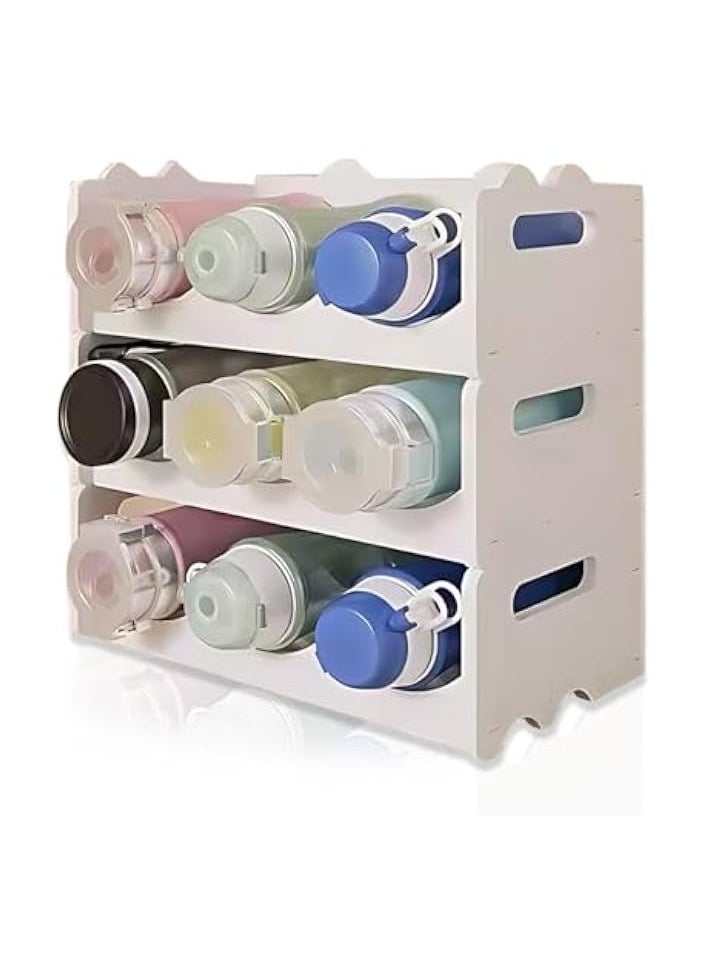 Water Bottle Organizer 3 Tier Stackable Bottle Holder, Standing Fridge Wine Bottle Storage Rack Plastic Can Drinks Display Shelf Thermos Organizer for Cabinet Kitchen Hallway Office Pantry with 9 Slot