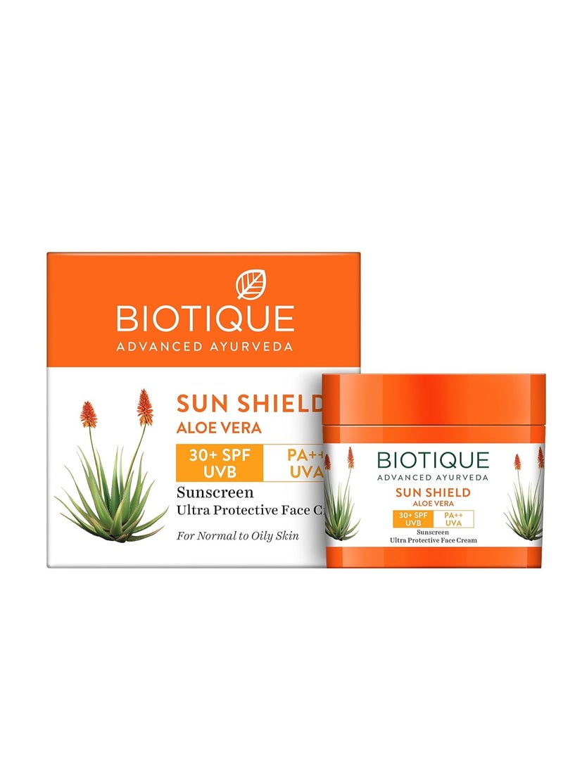 Biotique Sun Shield Aloe Vera Spf 30+ Uvb Sunscreen For All Skin Types Ultra Protectective Face Cream, 50G & Wheat Germ Anti- Ageing Night Cream Reduces Fine Lines Lightens Dark Spots, 50G, 2 count