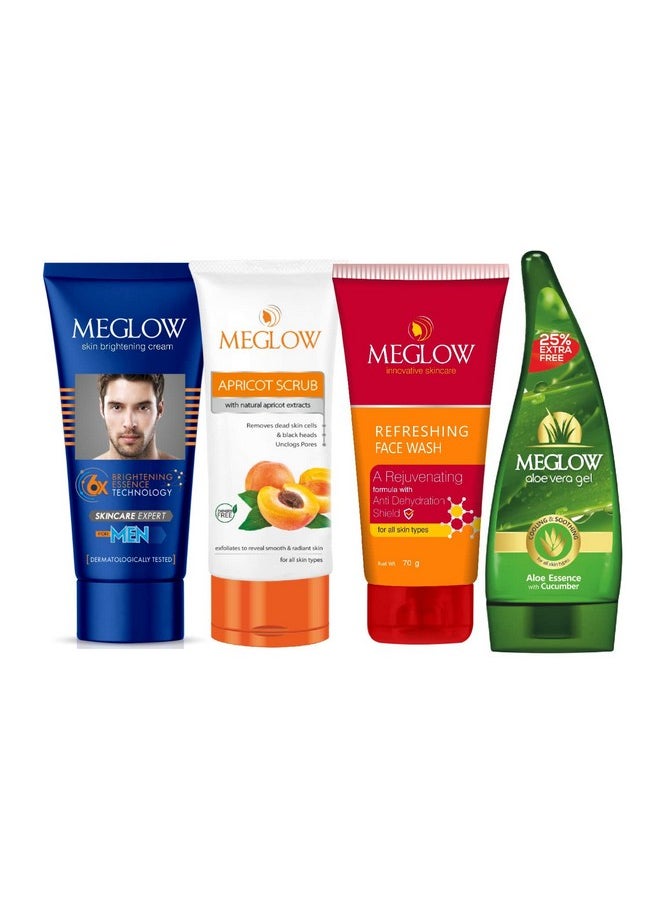 Men Skincare Combo Pack Of 4- Fairness Cream For Men (50G)|Refreshing & Rejuvenating Facewash (70G)|Aloevera Gel(125G)|Apricot Scrub (70G) Helps To Remove Dead Skin Cells