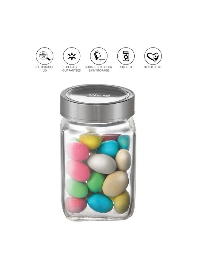 CELLO Qube Fresh Glass Storage Jar | Container with Air tight Silver Metal Lid | Multipurpose Jar | For Storage of Food, Pulses, Spice, Cereals, Cookies, Dry Food | Set of 3, 300ml, Clear