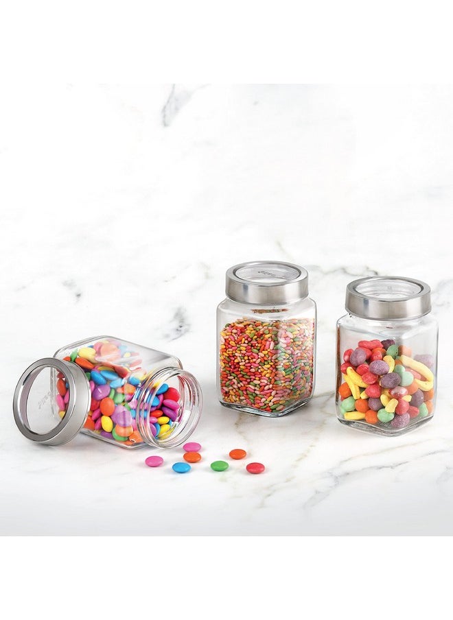 CELLO Qube Fresh Glass Storage Jar | Container with Air tight Silver Metal Lid | Multipurpose Jar | For Storage of Food, Pulses, Spice, Cereals, Cookies, Dry Food | Set of 3, 300ml, Clear