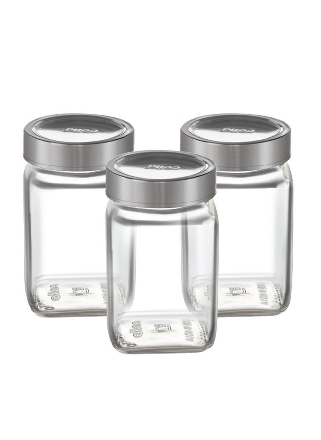 CELLO Qube Fresh Glass Storage Jar | Container with Air tight Silver Metal Lid | Multipurpose Jar | For Storage of Food, Pulses, Spice, Cereals, Cookies, Dry Food | Set of 3, 300ml, Clear