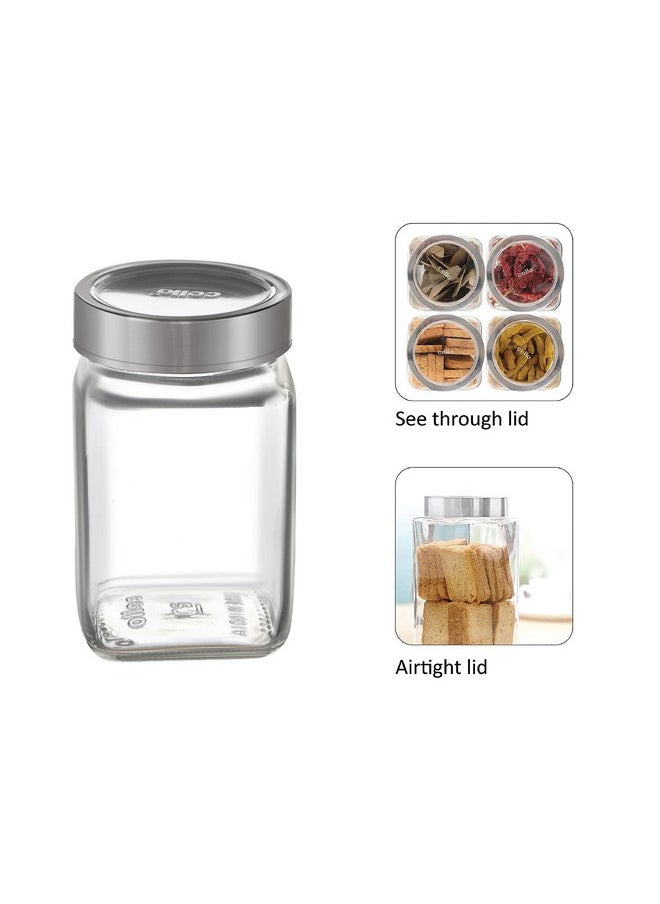 CELLO Qube Fresh Glass Storage Jar | Container with Air tight Silver Metal Lid | Multipurpose Jar | For Storage of Food, Pulses, Spice, Cereals, Cookies, Dry Food | Set of 3, 300ml, Clear