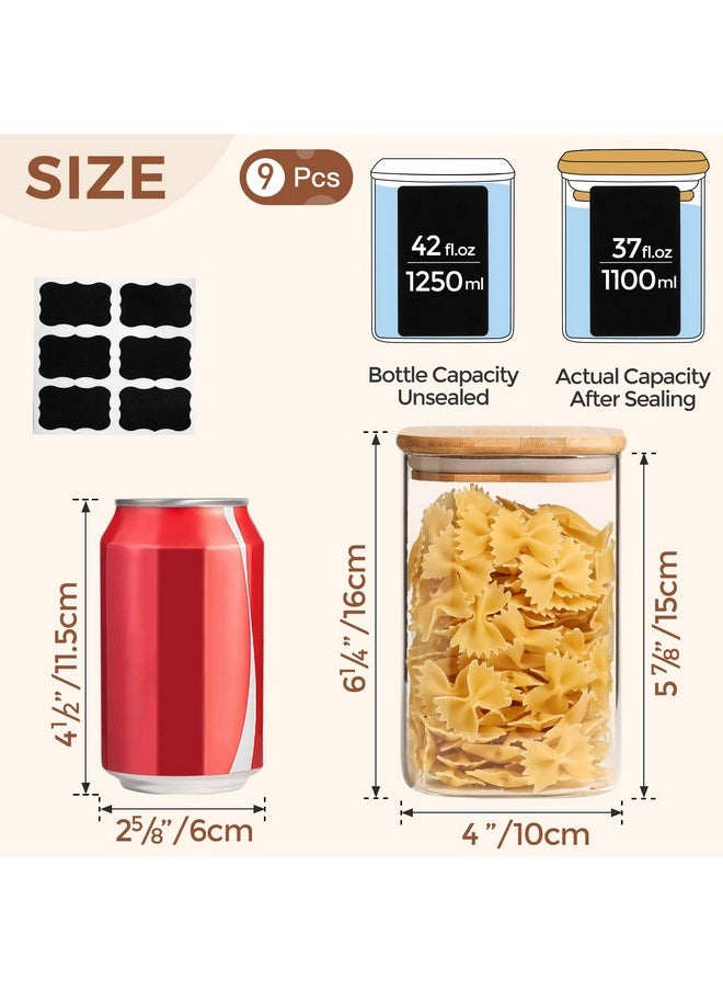 ComSaf 37oz Glass Storage Containers with Lids, Glass Jars with Lids, Clear Food Storage Jar, Square Glass Canister Set of 9, Pantry Organizers and Storage for Cookie Flour Oat Pasta Tea Coffee Bean