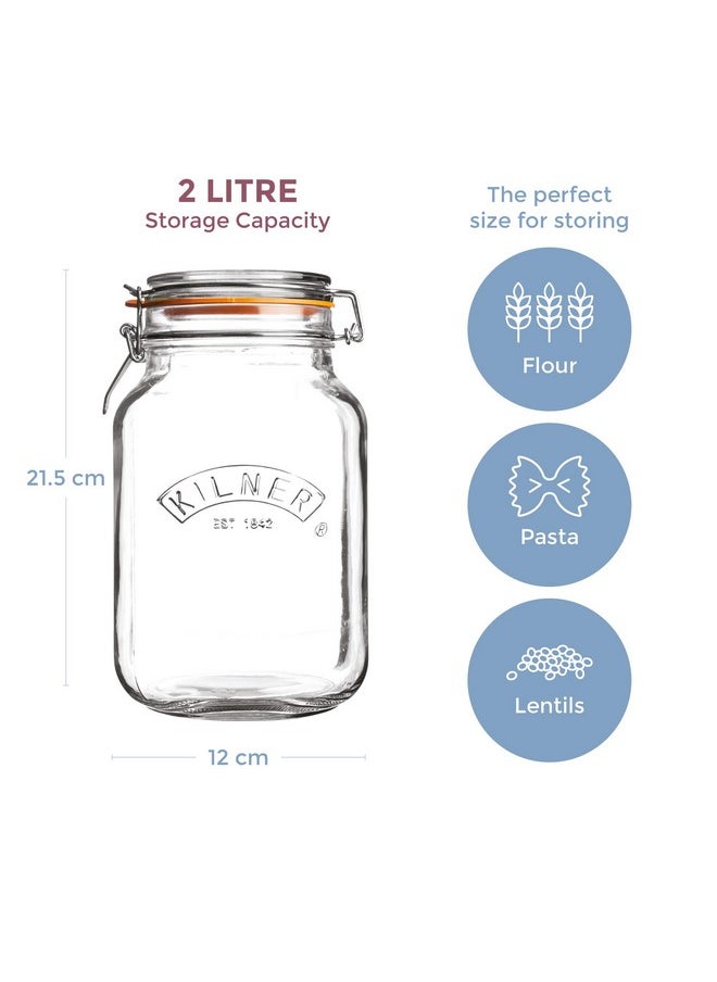 Kilner Est 1842 Premium Clip Top Airtight Glass Canister Food Storage Container Jar For Thinkitchen With Lid Of Glass, Glass Lock With Wire Clip Lock, Top Fastening Lid, 2 Litres,Transparent