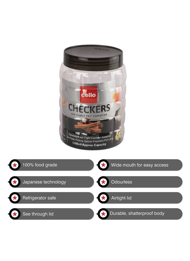 CELLO Checkers Pet Plastic Airtight Canister Set of 6, 1200ml, Grey | Food grade and BPA free canisters | Durable & Shatterproof Body |Air tight seal & Stackable